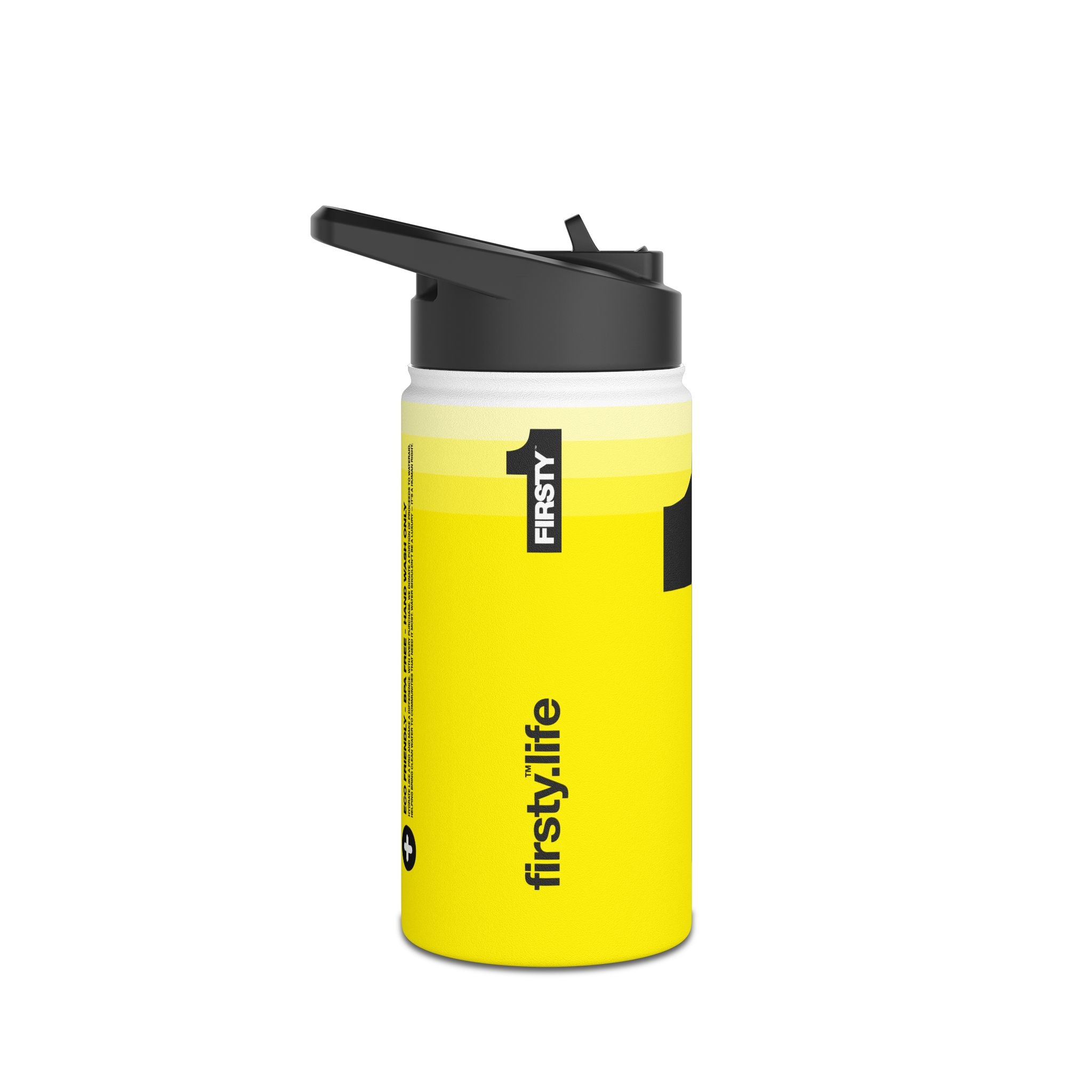 FIRSTY™ We Are One™ - 3 Sizes - Black on Yellow - Stainless Steel Water Bottle with Carry Handle and Straw Lid - BPA-Free, Eco-Friendly