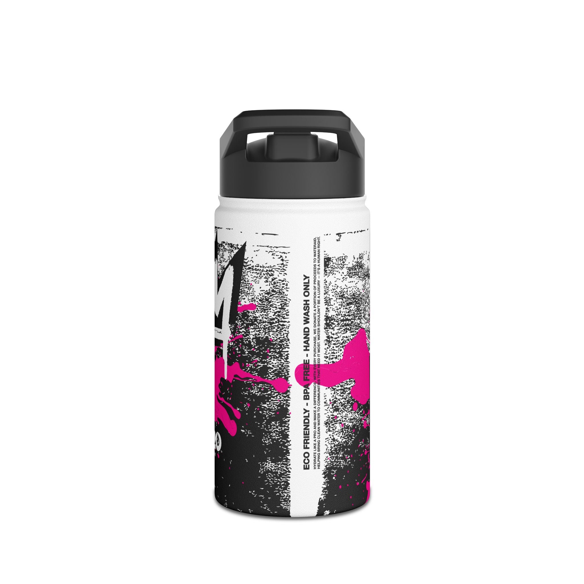 FIRSTY™ Limited Edition™ - 3 Sizes - Street King Black and Pink Ink - Stainless Steel Water Bottle with Carry Handle and Straw Lid - BPA-Free, Eco-Friendly