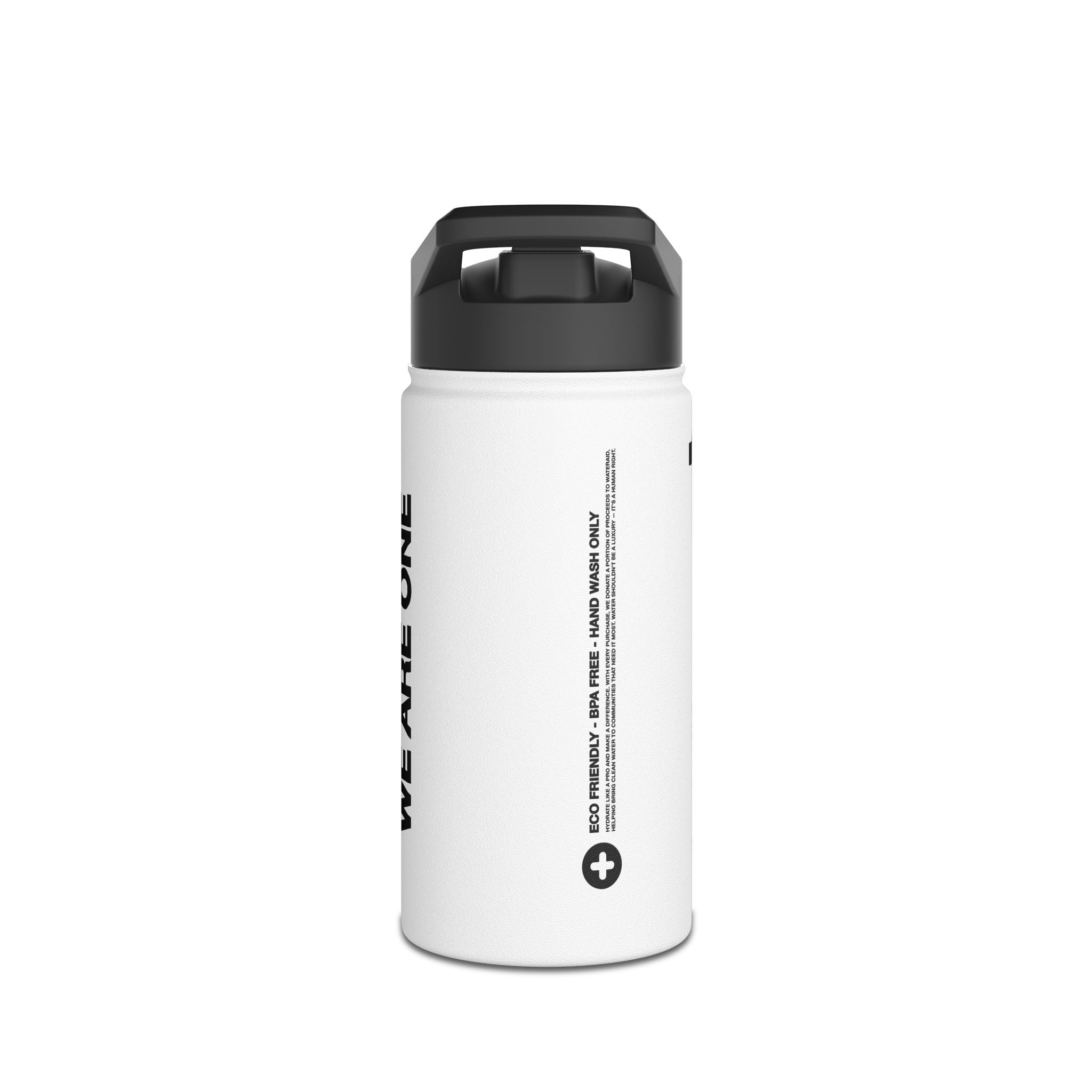 FIRSTY™ We Are One™ - 3 Sizes - Black on White - Stainless Steel Water Bottle with Carry Handle and Straw Lid - BPA-Free, Eco-Friendly