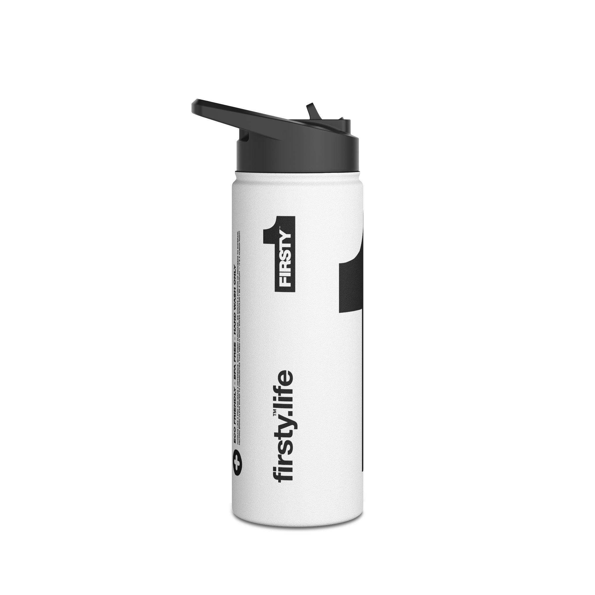 FIRSTY™ We Are One™ - 3 Sizes - Black on White - Stainless Steel Water Bottle with Carry Handle and Straw Lid - BPA-Free, Eco-Friendly