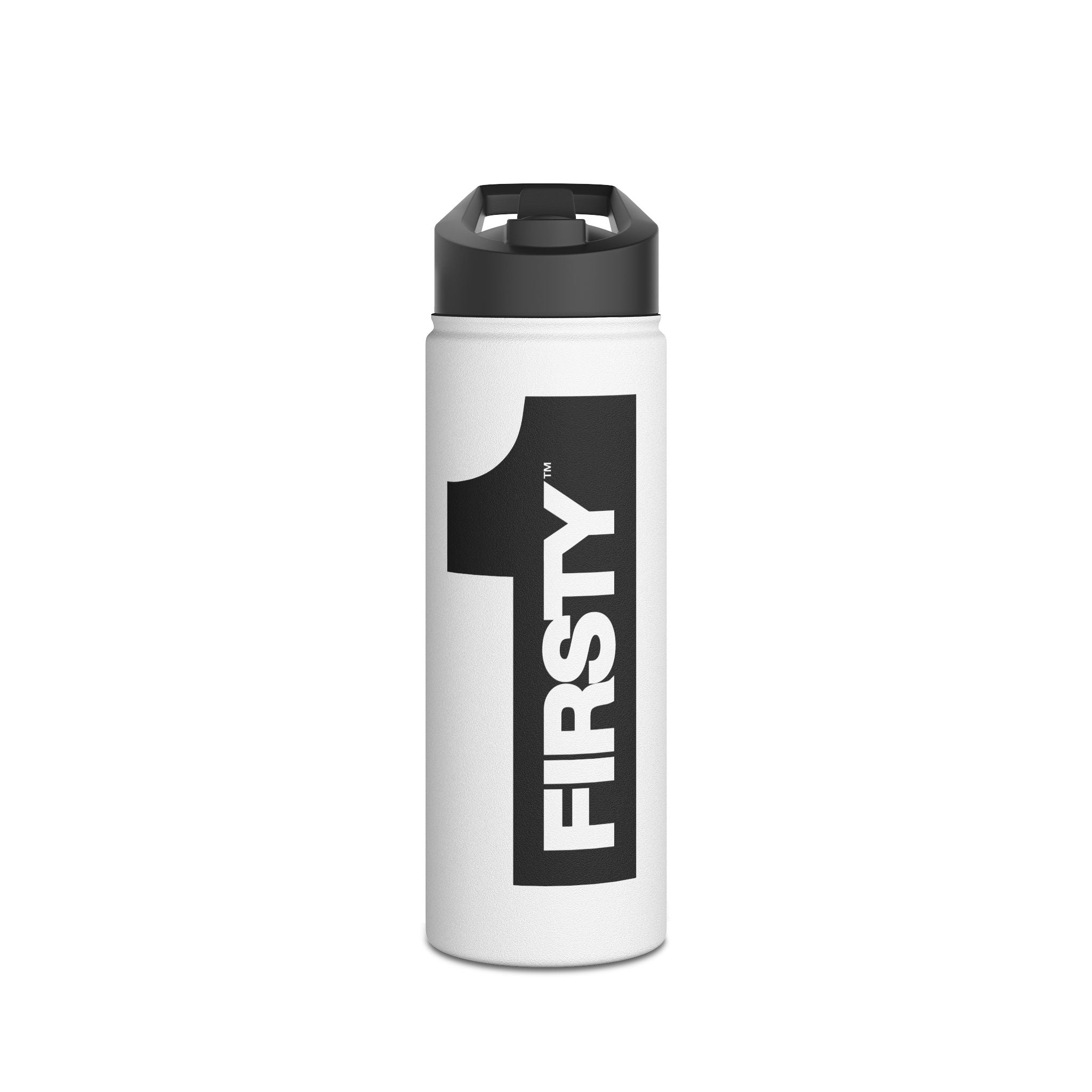 FIRSTY™ We Are One™ - 3 Sizes - Black on White - Stainless Steel Water Bottle with Carry Handle and Straw Lid - BPA-Free, Eco-Friendly