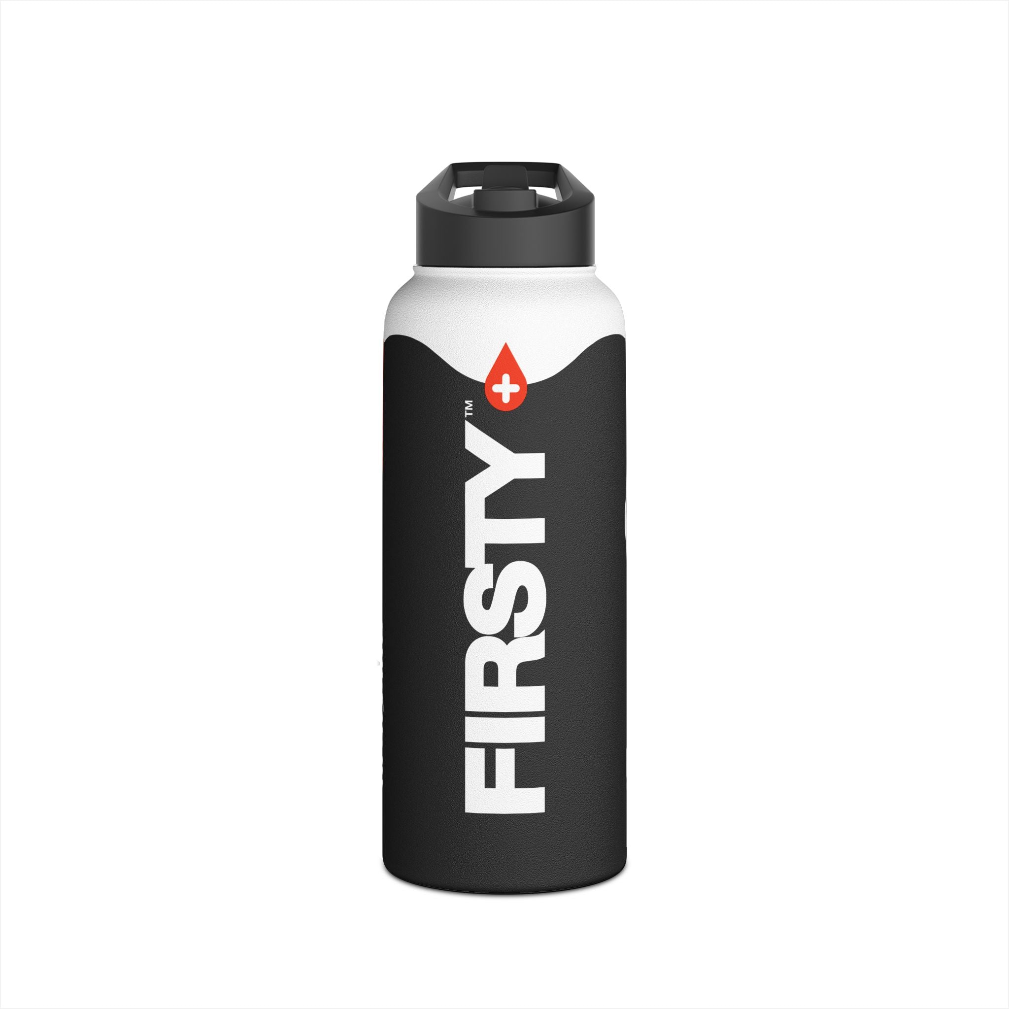 FIRSTY™ Wave™ 3 Sizes - Black with Orange - Stainless Steel Water Bottle with Carry Handle and Straw Lid - BPA-Free, Eco-Friendly