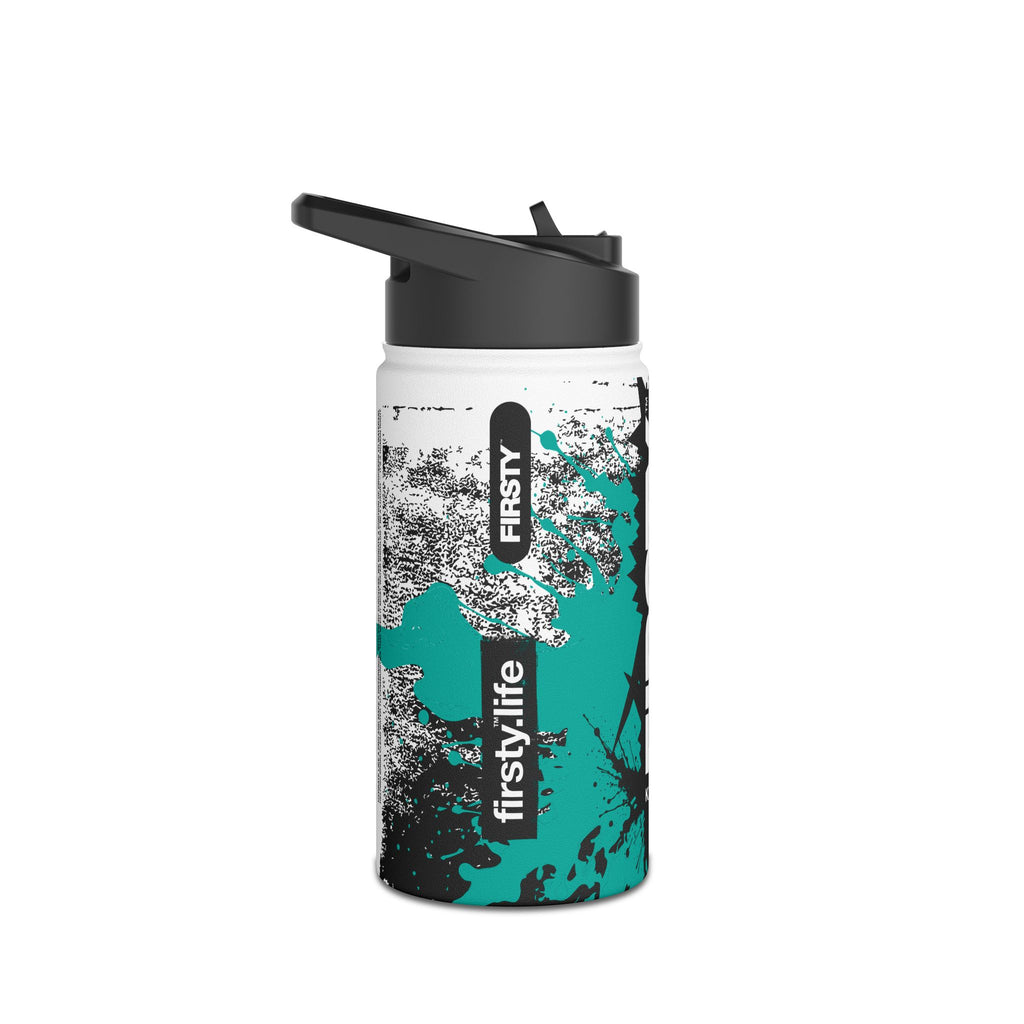 FIRSTY™ Limited Edition™ - 3 Sizes - Street King Black and Teal Ink - Stainless Steel Water Bottle with Carry Handle and Straw Lid - BPA-Free, Eco-Friendly