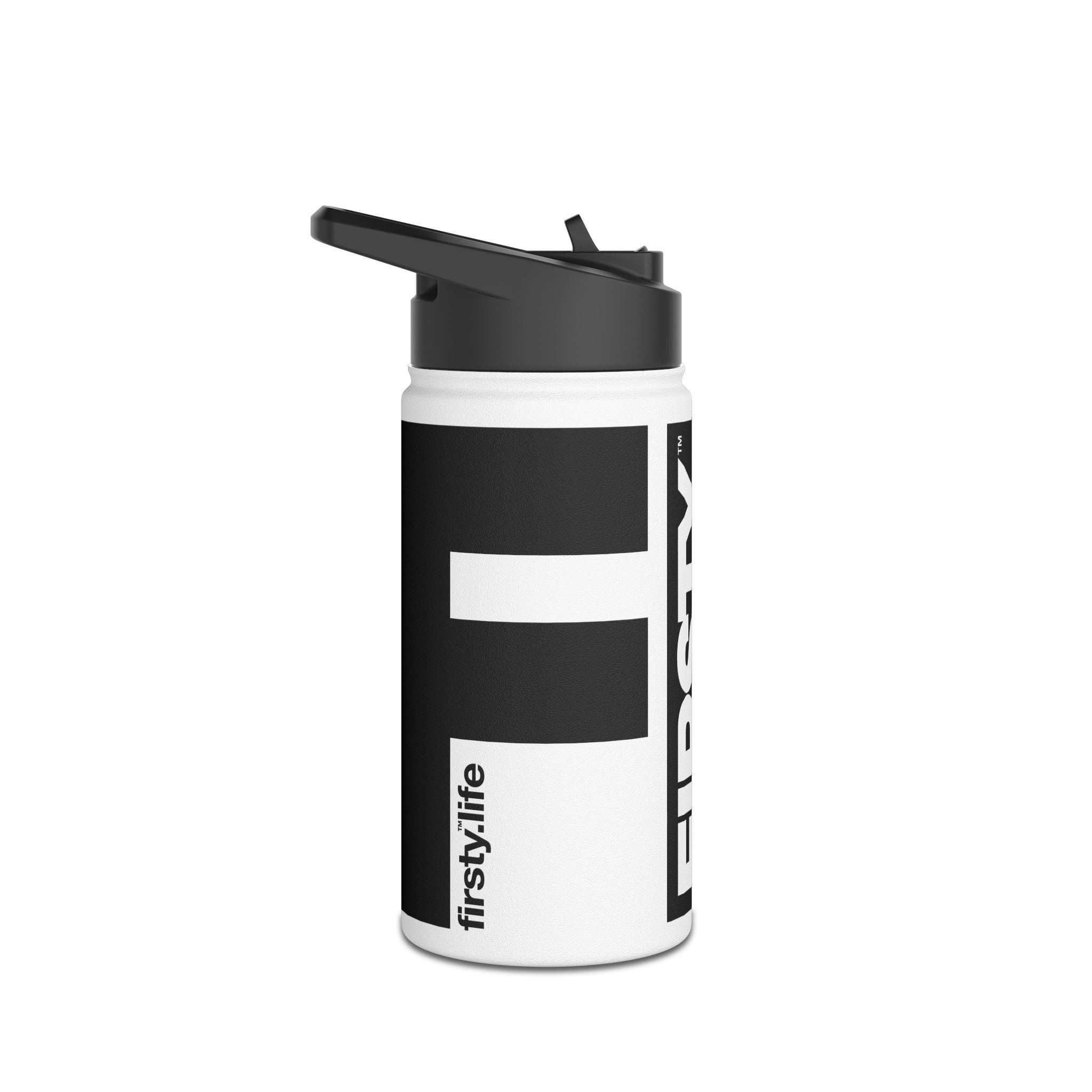 FIRSTY™ 3 Sizes - Black and White - Stainless Steel Water Bottle with Carry Handle and Straw Lid - BPA-Free, Eco-Friendly