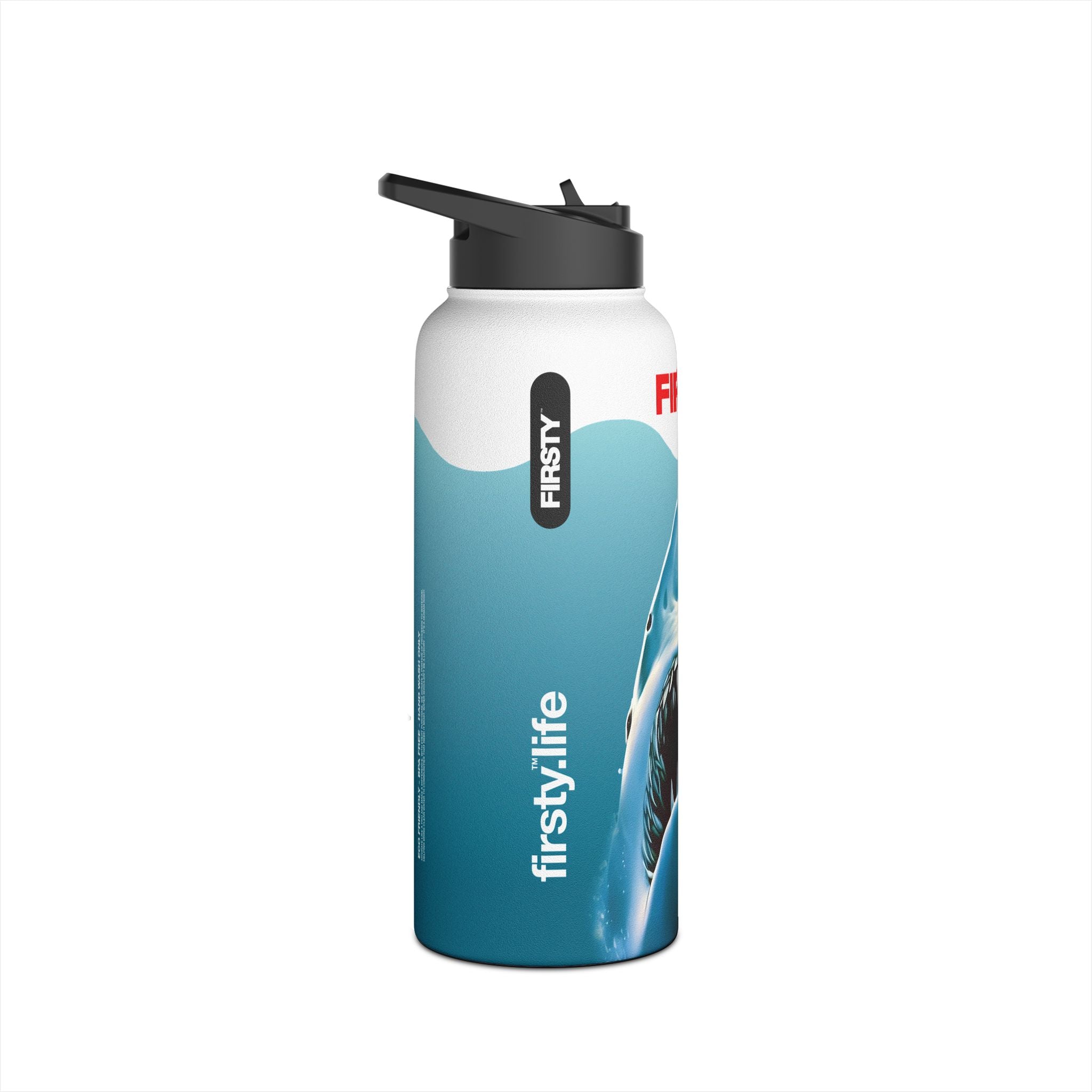 FIRSTY™ Limited Edition™ - 3 Sizes - Jaws Blue - Stainless Steel Water Bottle with Carry Handle and Straw Lid - BPA-Free, Eco-Friendly