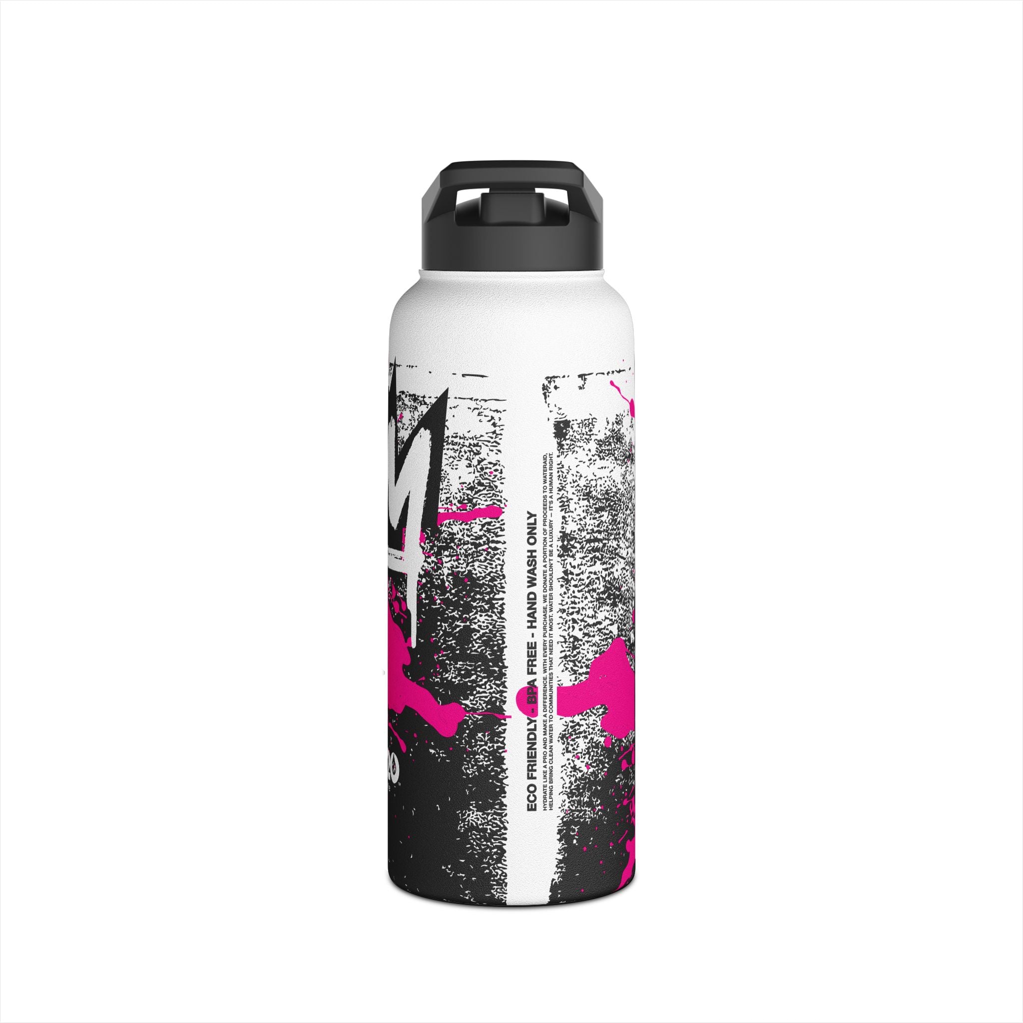 FIRSTY™ Limited Edition™ - 3 Sizes - Street King Black and Pink Ink - Stainless Steel Water Bottle with Carry Handle and Straw Lid - BPA-Free, Eco-Friendly
