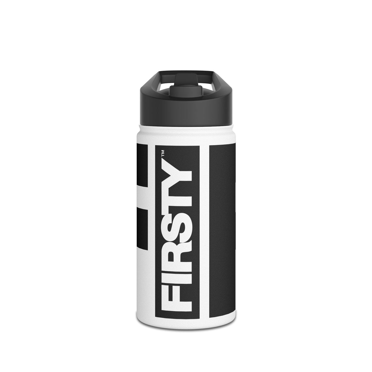 FIRSTY™ 3 Sizes - Black and White - Stainless Steel Water Bottle with Carry Handle and Straw Lid - BPA-Free, Eco-Friendly
