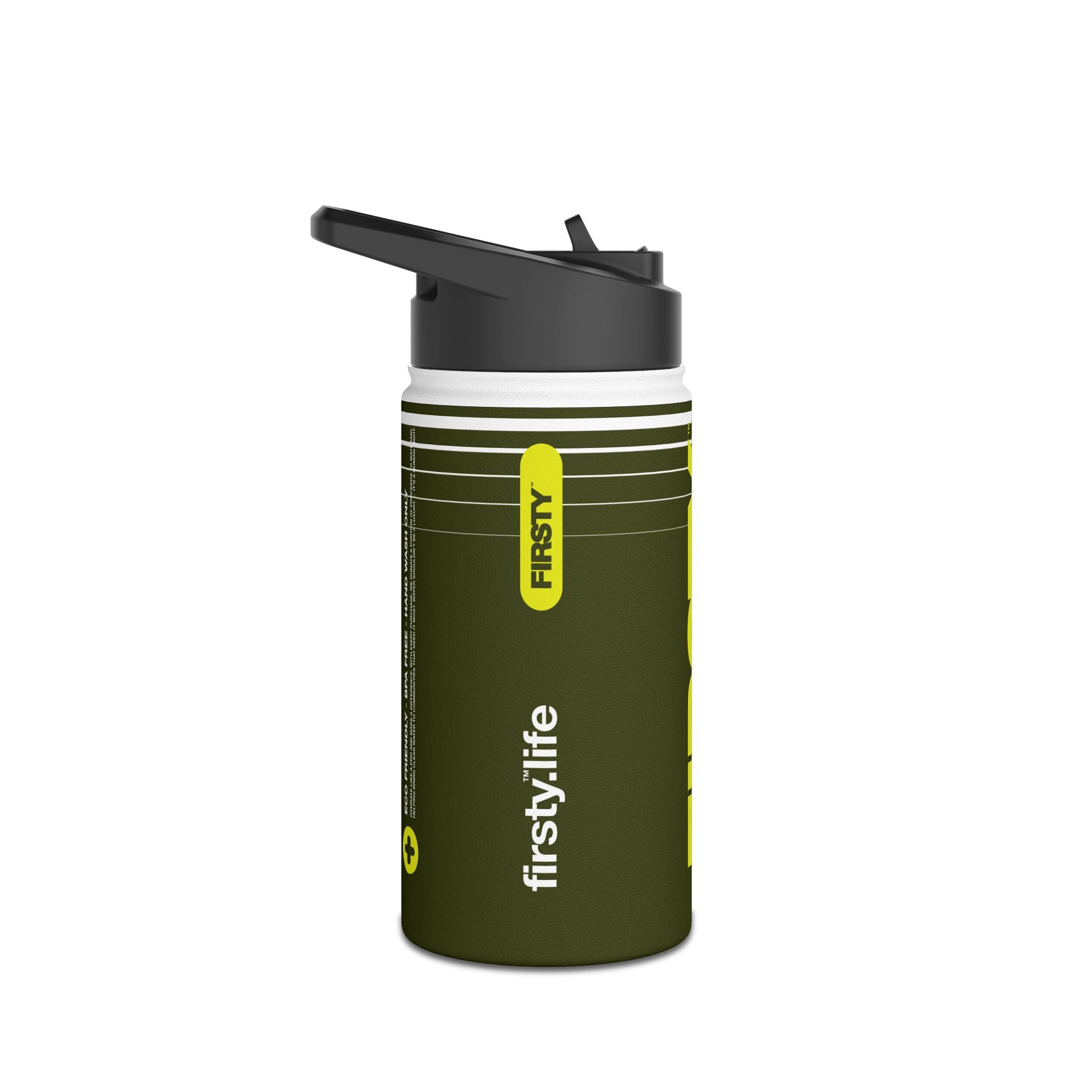 FIRSTY™ 3 Sizes - Hydrate - Deep Green with Neon - Stainless Steel Water Bottle with Carry Handle and Straw Lid - BPA-Free, Eco-Friendly