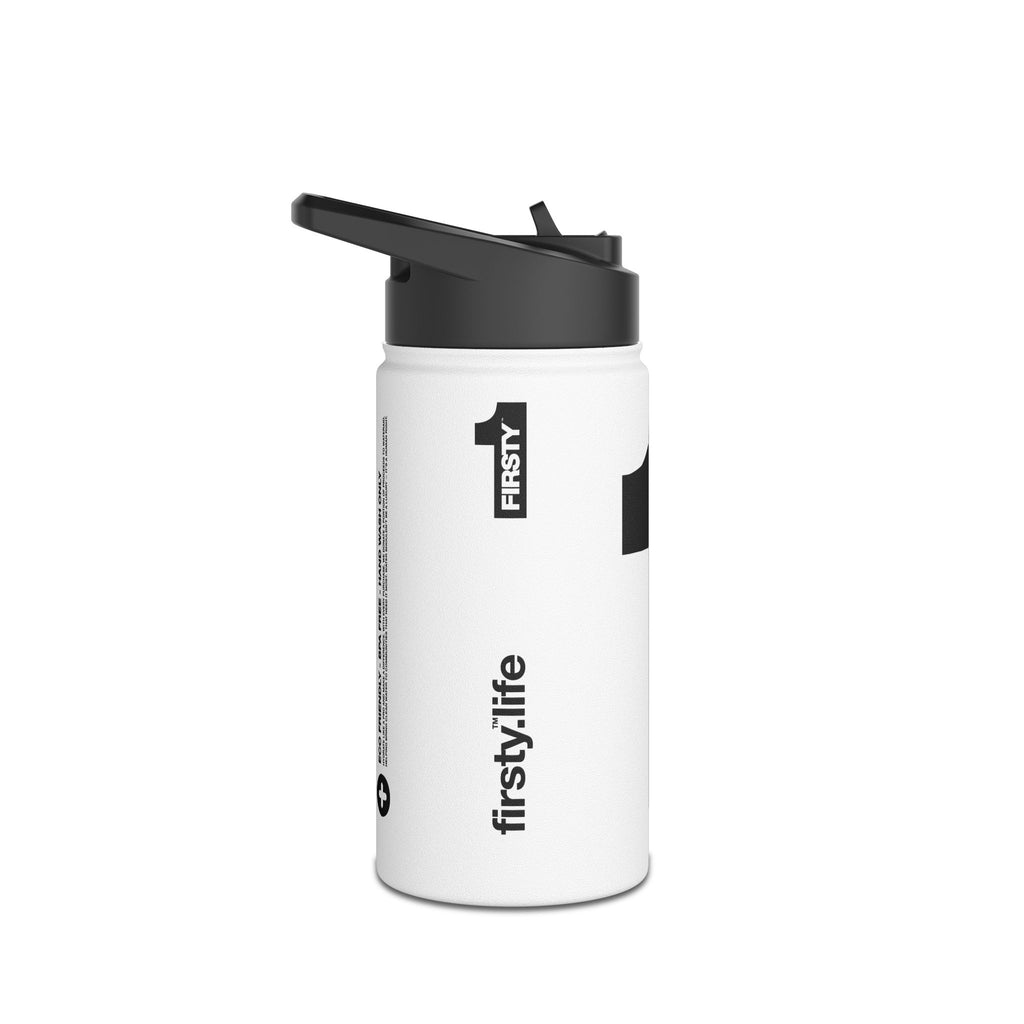 FIRSTY™ We Are One™ - 3 Sizes - Black on White - Stainless Steel Water Bottle with Carry Handle and Straw Lid - BPA-Free, Eco-Friendly