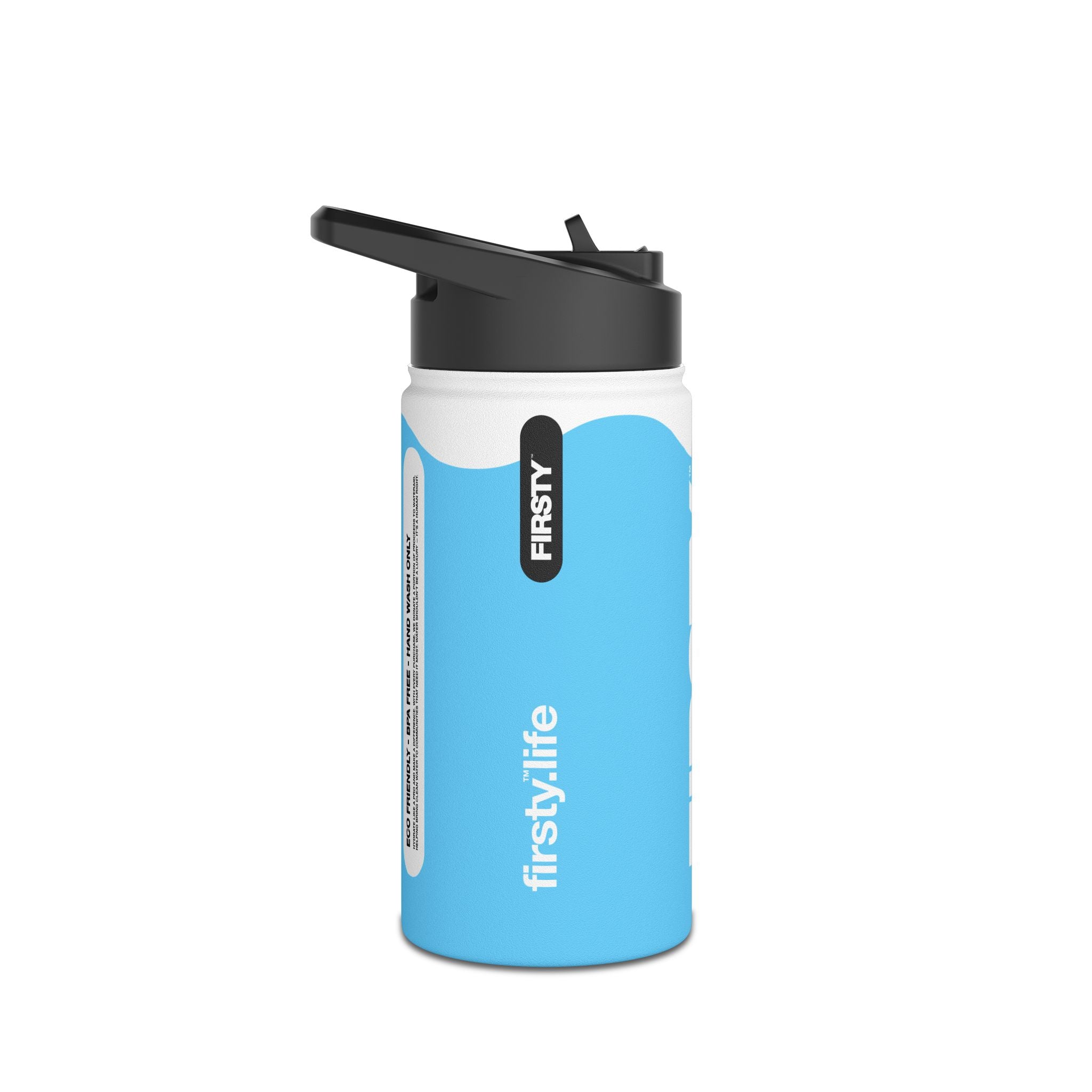FIRSTY™ Wave™ 3 Sizes - Sky Blue & White - Stainless Steel Water Bottle with Carry Handle and Straw Lid - BPA-Free, Eco-Friendly