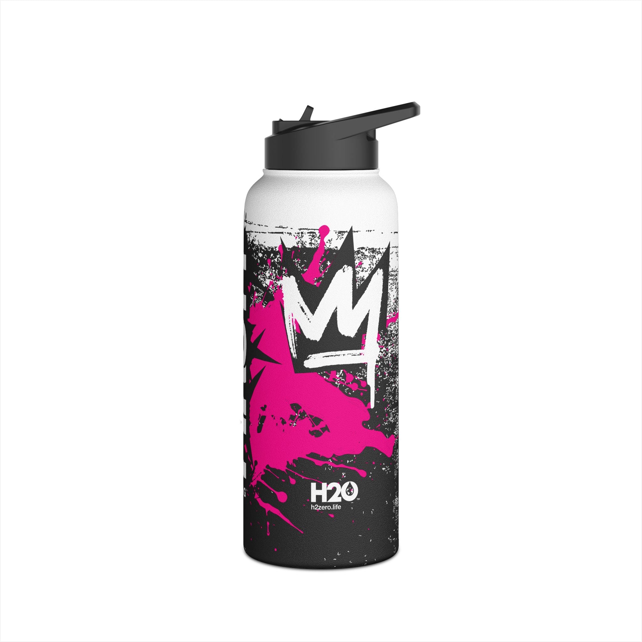 FIRSTY™ Limited Edition™ - 3 Sizes - Street King Black and Pink Ink - Stainless Steel Water Bottle with Carry Handle and Straw Lid - BPA-Free, Eco-Friendly
