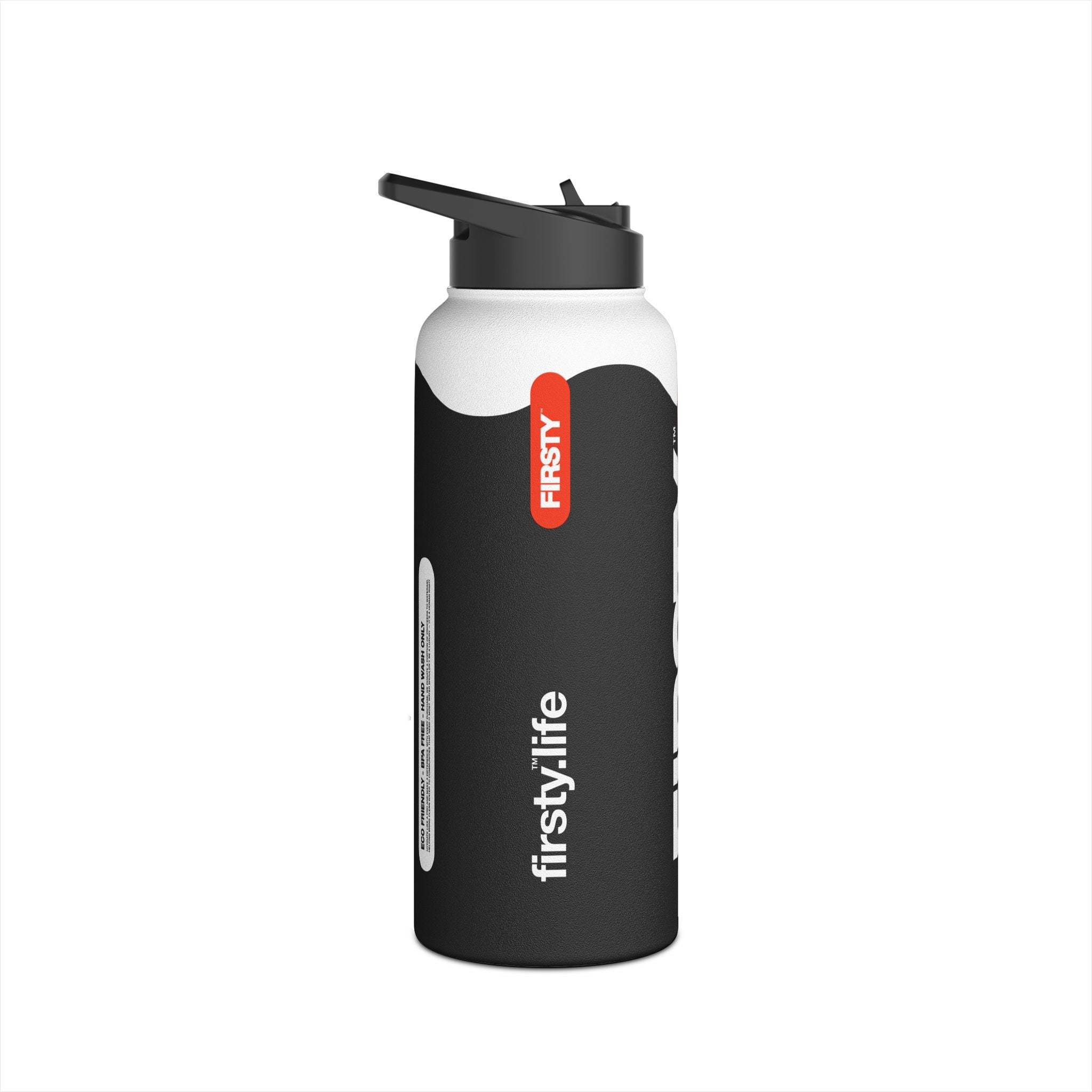 FIRSTY™ Wave™ 3 Sizes - Black with Orange - Stainless Steel Water Bottle with Carry Handle and Straw Lid - BPA-Free, Eco-Friendly